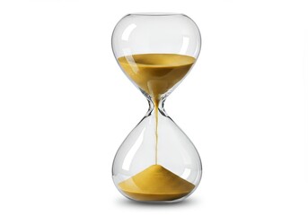 Isolated hourglass with golden sand flowing against a clear background
