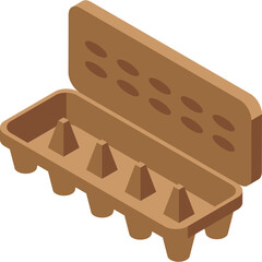 Empty brown cardboard egg carton container open on a transparent background with six egg slots visible top down isometric view