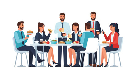 Professionals lunching at a long table consuming food and drinks