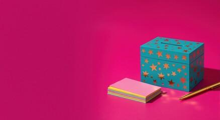 A teal suggestion box with orange stars, colorful paper, and a pen on a vibrant magenta background. Concept of feedback, voting, and collecting ideas with copy space