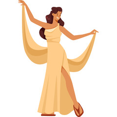 Elegant Woman in Flowing Yellow Gown Dancing Gracefully on Transparent Background