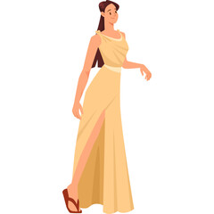 Elegant Young Woman In A Flowing Beige Gown With A High Slit And Sandals Standing On A White Background