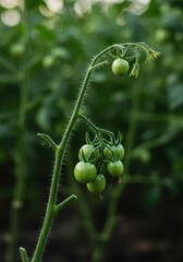 Lanky tomato vine stretching skyward, showing elongated stems and small green fruit in the cultivated garden patch ,sparse ,vining ,field