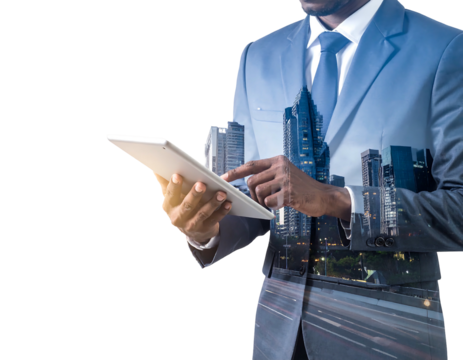 Professional man in a suit uses a tablet; superimposed cityscape creates a modern, layered business concept
