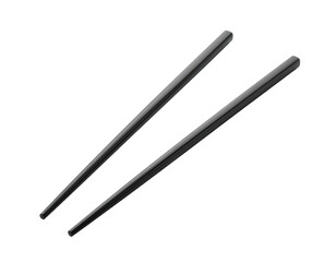 Pair of sleek, black chopsticks arranged diagonally on a plain black backdrop