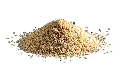 Pile of tan seeds, forming a small hill against a stark black backdrop, highlighting their texture and tiny size