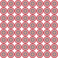 A geometric smooth (seamless) pattern with concentric circles of red, purple and yellow on a cream background