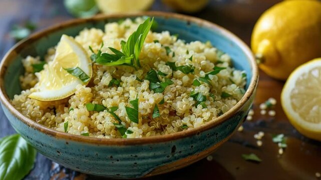 A mouthwatering close-up of a quinoa salad in a blue bowl, garnished with lemon wedges and fresh herbs. A vibrant display of healthy eating.