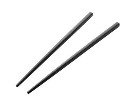 Pair of sleek, black chopsticks arranged diagonally on a plain black backdrop - Powered by Adobe