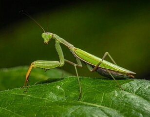 A vibrant, green praying insect perched on a textured leaf