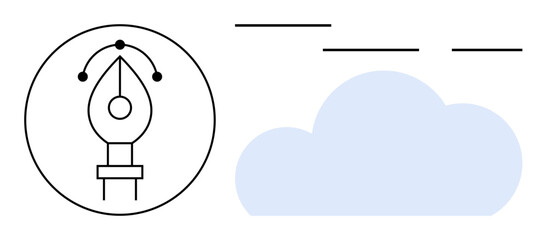 Pen tool icon with bezier handles inside a circle alongside a blue cloud and minimal lines. Ideal for creativity, graphic design, technology, online tools, innovation, brainstorming, art. Clean