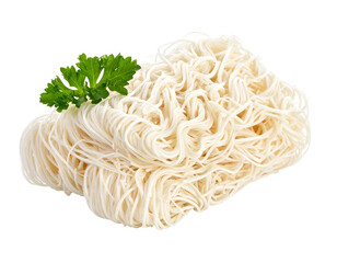 Pile of tangled, cooked noodles with a bright green parsley sprig on top, isolated on a black background