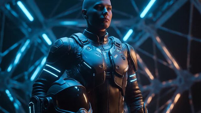Futuristic astronaut preparing for a space mission with high-tech helmet in a neon-lit environment