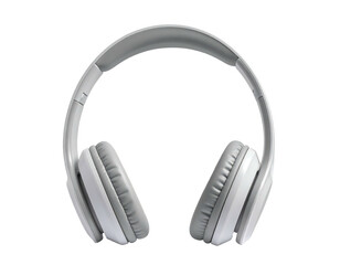 Pale gray headphones centered on a black background, facing forward, showing cushions and headband