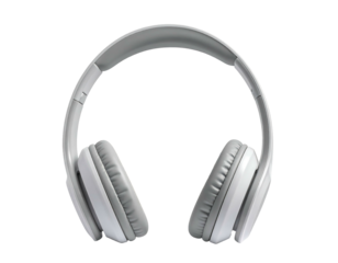 Pale gray headphones centered on a black background, facing forward, showing cushions and headband