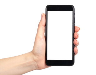 Pale hand holds a black smartphone. Screen is blank and white, isolated on a dark background