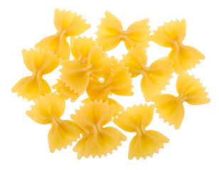 Pile of uncooked bow tie pasta, yellowish hue, isolated on a black background