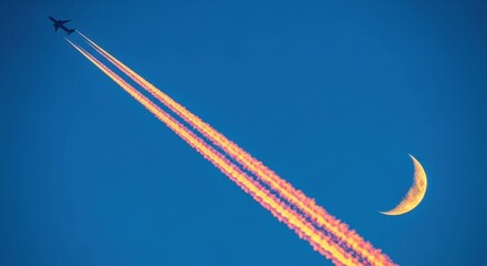 Airplane flying through the blue sky with contrails near the crescent moon in the evening light