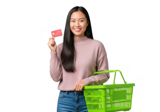 Smiling young asian woman holding credit card and shopping basket isolated on transparent background
