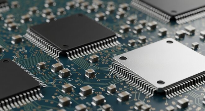 Modern circuit board with microchips for innovative technology solutions, perfect for electronics manufacturing and advanced computing applications