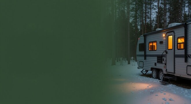 A travel trailer parked in a snowy forest at night during winter. RV camping adventure with copy space for a banner
