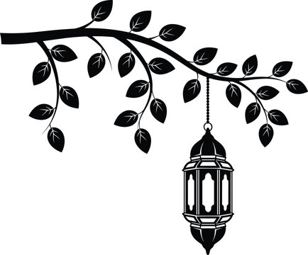 PrintTree branch lantern, decorative silhouette, hanging light, vector illustration, artistic design, anchor point, pixel coordinates, black and blue, 