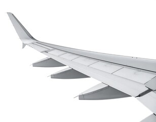 Close-up of aircraft wing, showcasing flaps and a winglet against a white background