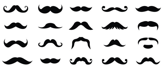 Mustache hipster icon set. Mustache silhouettes icon. Symbol of Fathers day. Barber Shop sign. Black mustache collection. Vector illustration.