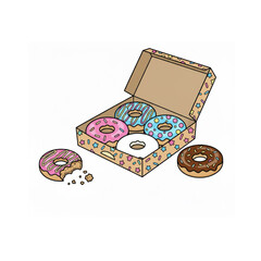 Set of delicious colorful cartoon donuts isolated on a white background. Top view of glazed donuts collection for cafe decoration or menu design. Flat vector illustration.