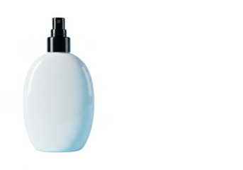 A white oval shaped bottle with a black spray nozzle isolated on transparent background