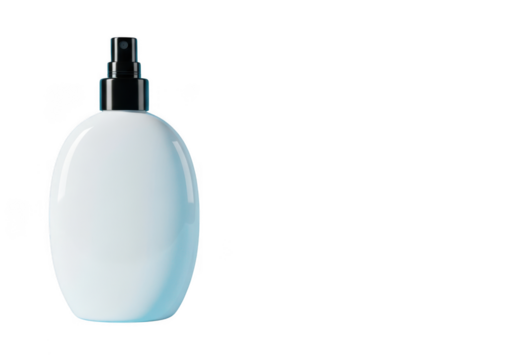 A white oval shaped bottle with a black spray nozzle isolated on transparent background