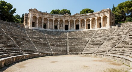 Impressive ancient marble amphitheater bathed in sunlight, showing rows of stone seats and towering architectural arches for dramatic performances ,antique ,tourism ,vast