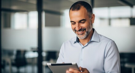 Confident businessman smiling while reviewing data on a tablet in a modern, bright office environment.