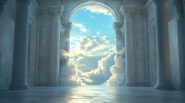Ancient Roman Columns, Sky Portal, Sunlight, Interior, Architectural Wonders, Peaceful, Cloud Gate, Daylight, Stock Photo