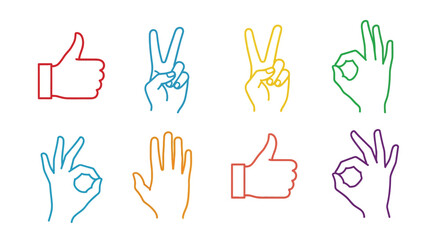 Colorful hand gestures displayed in simple line art illustration style