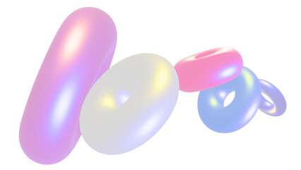 3D Holographic Donut Loops on Pastel Background. Glossy Glass Rings with Iridescent Light Effects