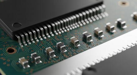 Detailed close-up of a modern electronic circuit board showcasing intricate pathways and surface-mounted components with a powerful microchip.