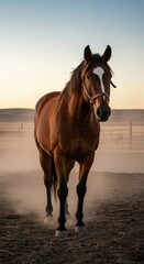 Obraz premium Powerful working ranch horse standing stoically in the dusty pasture at sunset, ready for the evening roundup and livestock management duties ,landscape ,companion ,movement