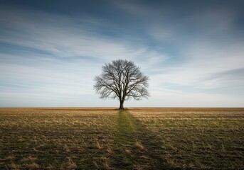Minimalist landscape view of a lone dormant tree centered in a vast field, symbolizing solitude and resilience during the chilly early spring months ,meadow ,renewal ,single