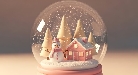 3D kawaii snow globe with cute snowman and pastel house inside glass dome. Cozy winter scene in soft light perfect for Christmas background.