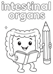 coloring book intestine holding big pencil cartoon anatomy educational design