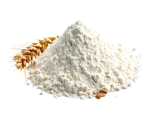 Pile of white flour with wheat stalks beside it. Small scattered wheat kernels lie nearby. Isolated on black