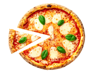 Round pizza with tomato sauce, mozzarella cheese, and basil leaves, with one slice already removed against black background
