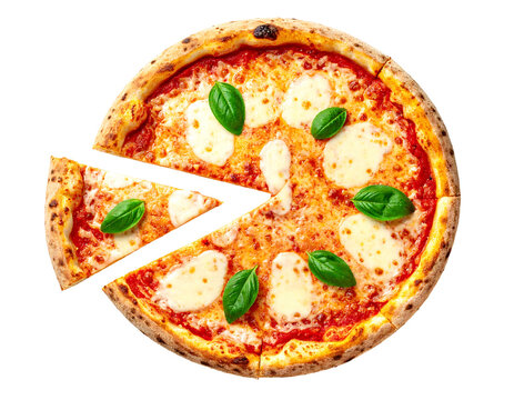 Round pizza with tomato sauce, mozzarella cheese, and basil leaves, with one slice already removed against black background