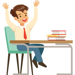 Excited Young Boy in School Uniform Sitting at Desk with Books Celebrating Achievement