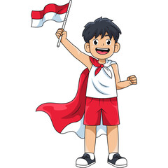Excited young boy wearing red shorts white shirt and red cape holding Indonesian flag high in celebration with transparent background