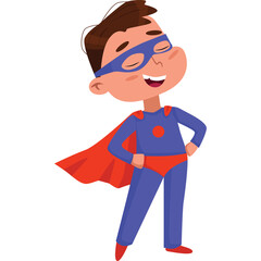 Excited Young Boy Dressed As A Superhero With A Red Cape And Blue Costume Standing Confidently With Hands On Hips