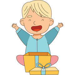 Excited Young Child With Blond Hair Wearing A Blue Long Sleeved Shirt And Pink Pants Sitting In Front Of A Yellow Gift Box With Blue Ribbon
