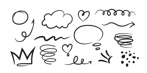 star with marker stroke pencil highlight, Doodle sketch heart, star, cloud cartoon sticker shapes