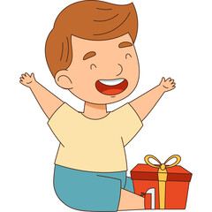Excited young boy with open arms and beaming smile sits beside a red gift box with a yellow ribbon celebrating a special occasion with pure joy and anticipation in a clean illustration style
